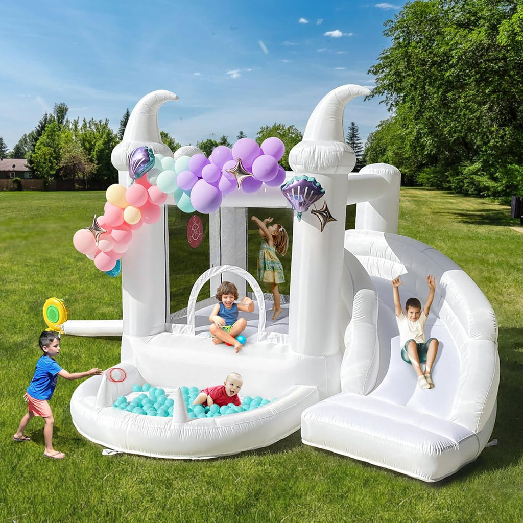 13 FT White Inflatable Bounce House with Slide & Ball Pit, Oxford Fabric Kids Bouncy Castle with Blower for Birthday Parties, Backyard and Indoor Play