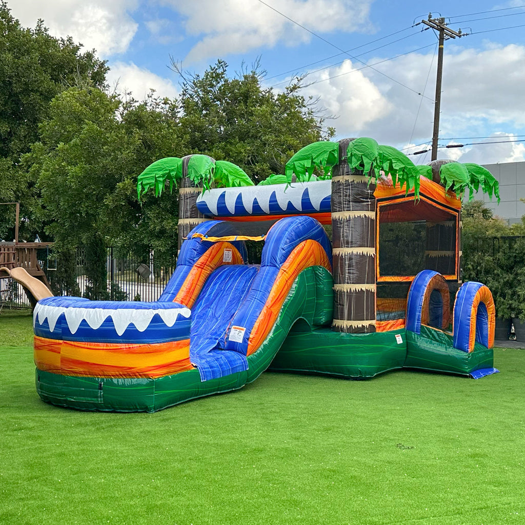 Lumen 12.6’x26’x13’ Tropical Castle Bounce House with Slide- Heavy Duty 15oz PVC Vinyl, with Basketball Hoop and Blower, Indoor and Outdoor Rental Grade Jump House with Slide for Kids & Adults